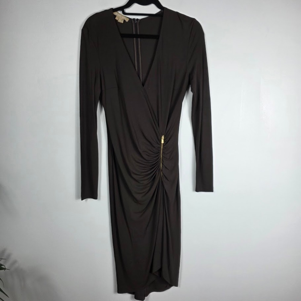 Michael Kors Ruched Zipper Detail V‎ Neck Long Sleeve Sheath Dress Sz 10 Brown